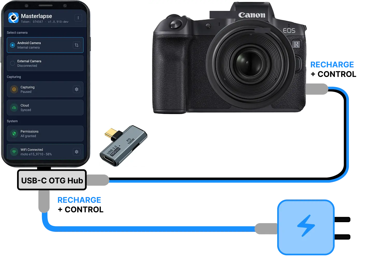Modern DSLR timelapse setup — camera charged via USB